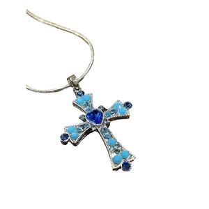 Cross Pendant Necklace with Blue Stones Jewelry 16” Adjustable